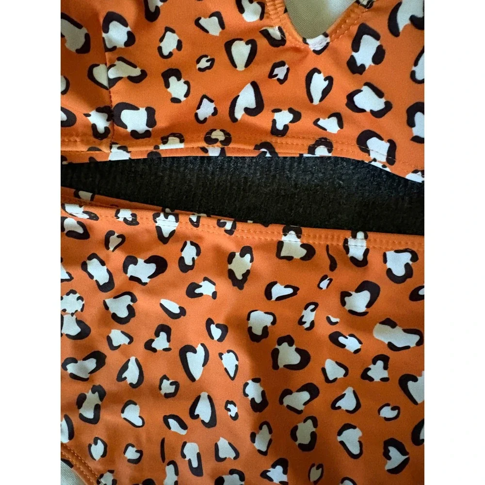 SHEIN Womens Orange Leopard Heart Print Ruffle High Waist Bikini Set Size L 2562